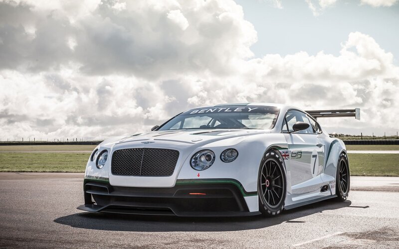 White Bentley Race Car — Dramatic, Afternoon, Photograph, Race Track, Clouds