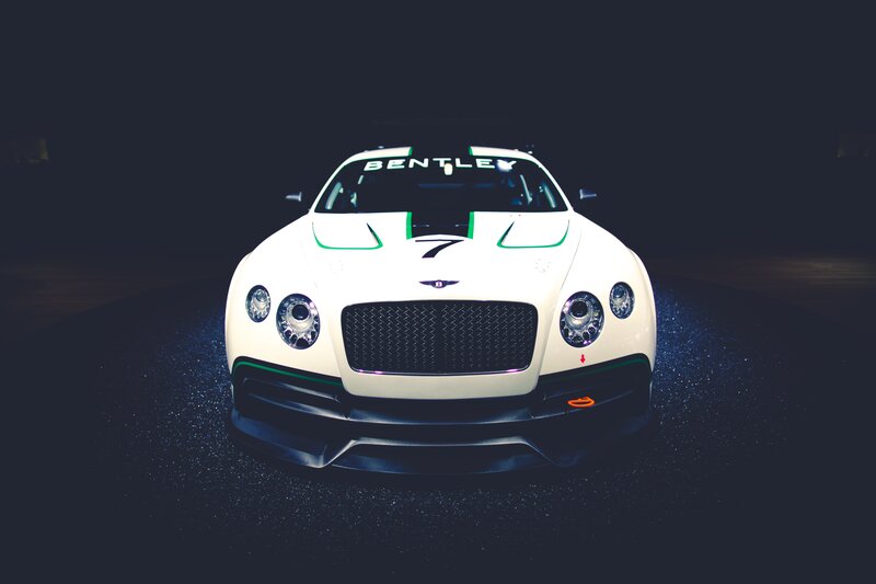 White Bentley Race Car — Dramatic, Night, Photograph