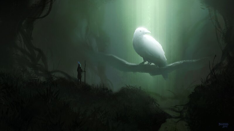 White Bird on Branch — Green, Mysterious
