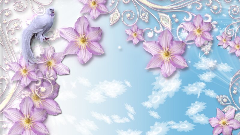 White Bird with Purple Flowers