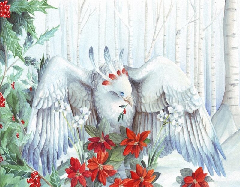 White Bird with Red Flowers