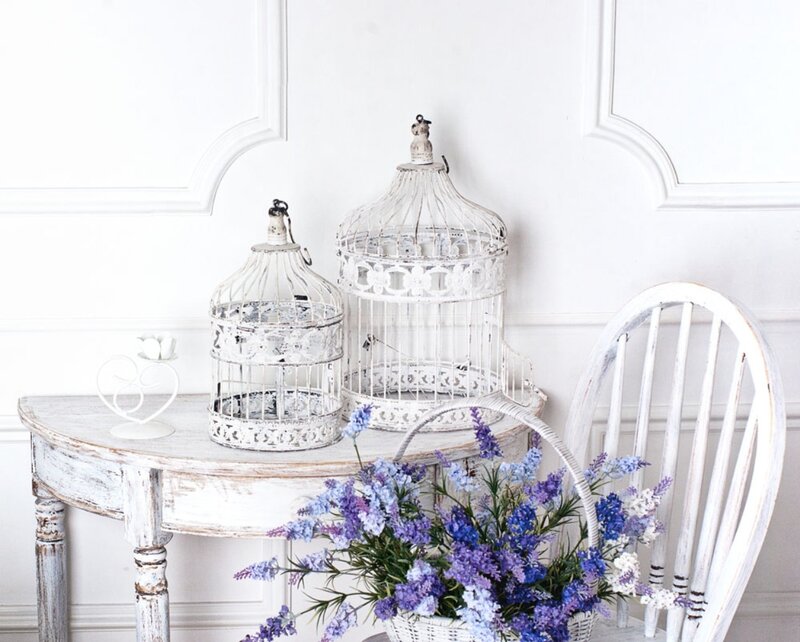 White Birdcages on Table — Serene, Photograph