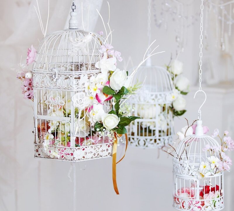 White Birdcages with Flowers — Serene, Photograph