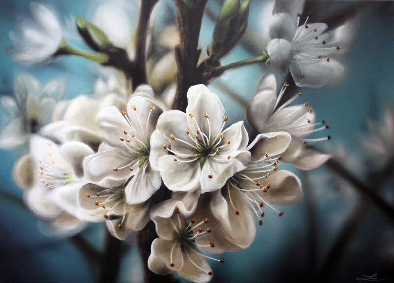 White Blossoms on Branch — Serene, Spring, Painting