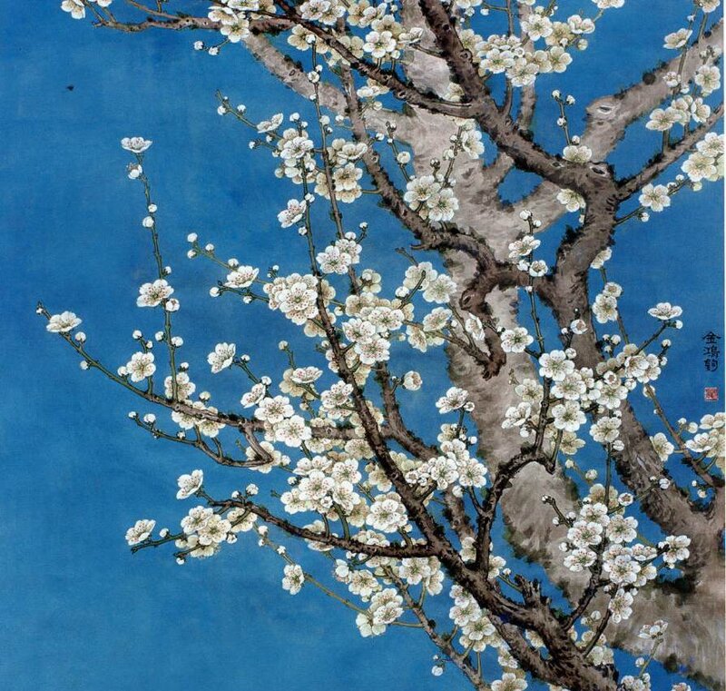 White Blossoms on Tree — Blue