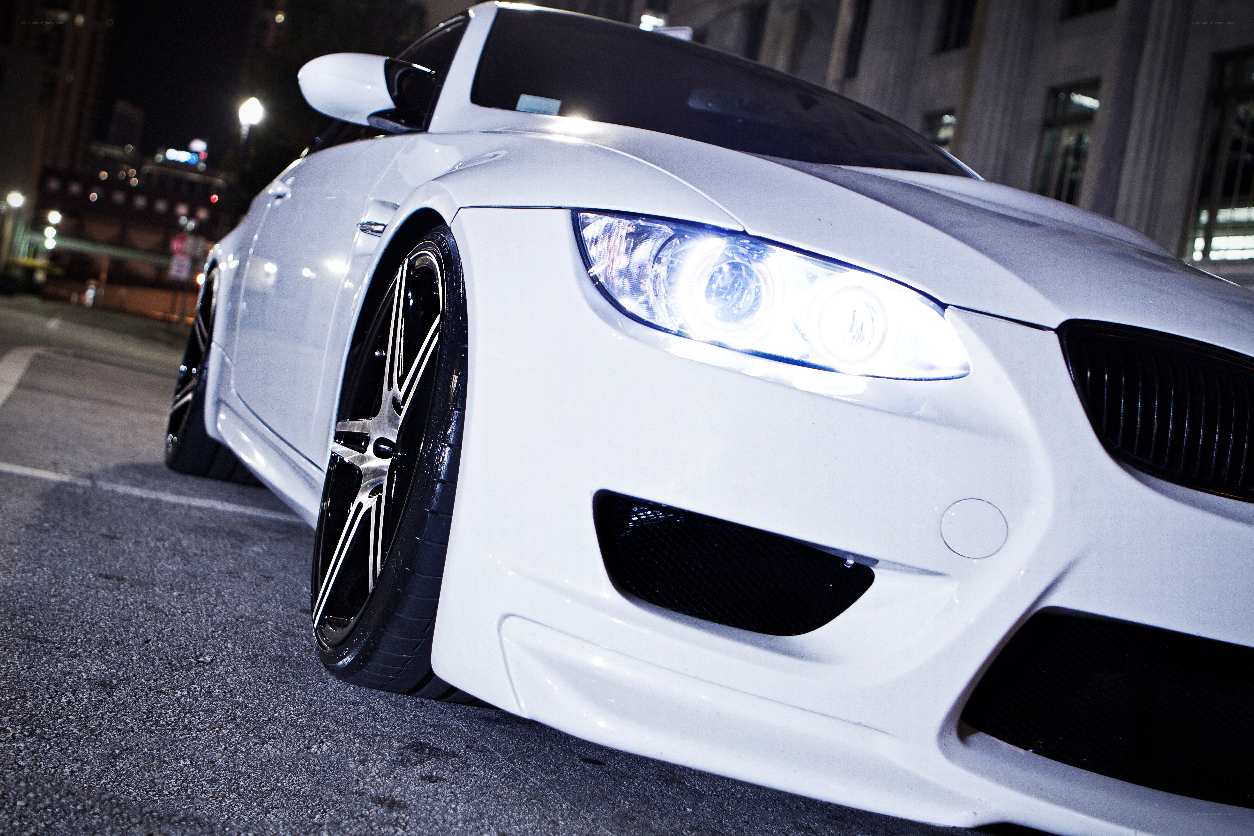 white bmw at night