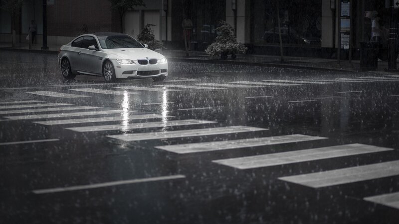 White BMW Car — Black, Dramatic, Night, Photograph, Rain