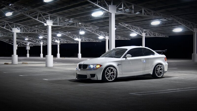 White Bmw Coupe — Dramatic, Night, Photograph, Car, Parking Garage, Lights