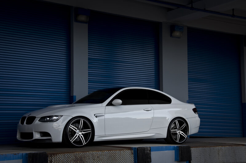 White BMW Coupe — Dramatic, Photograph, Car, Garage Doors