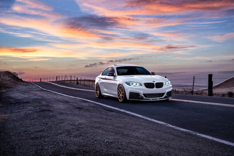 White BMW Coupe — Dramatic, Sunset, Photograph, Car, Road