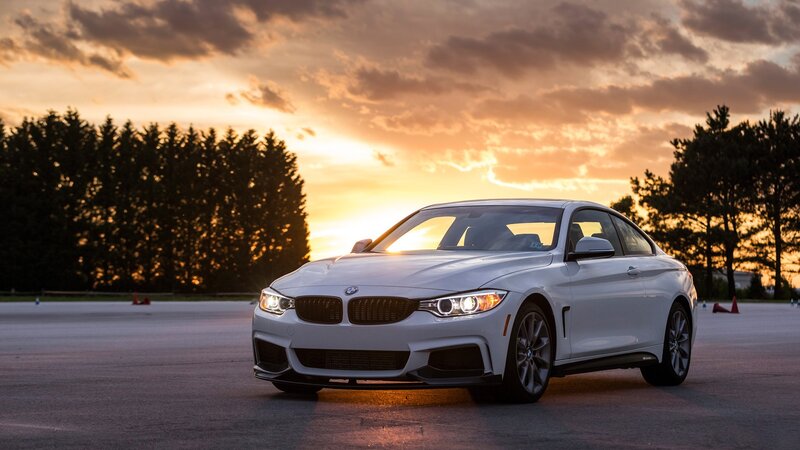 White BMW Coupe — Dramatic, Sunset, Photograph, Car, Trees