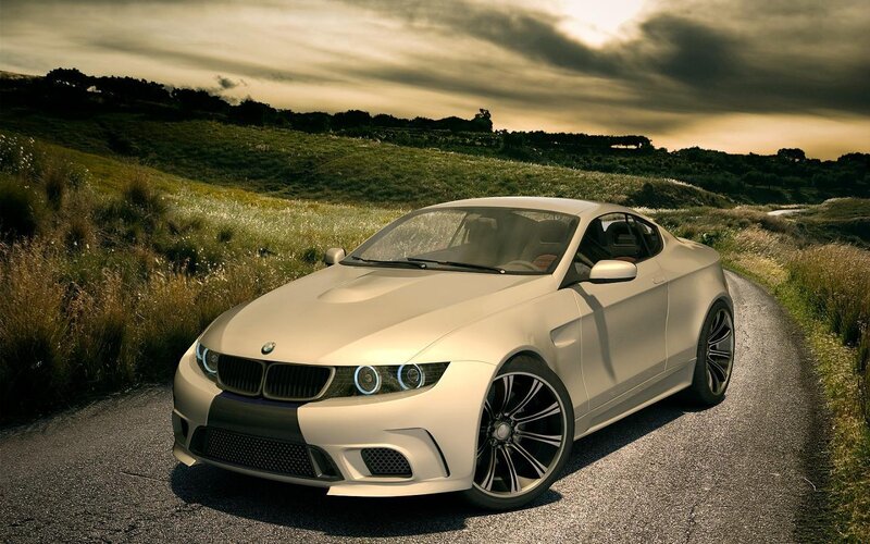 White BMW Coupe — Dramatic, Sunset