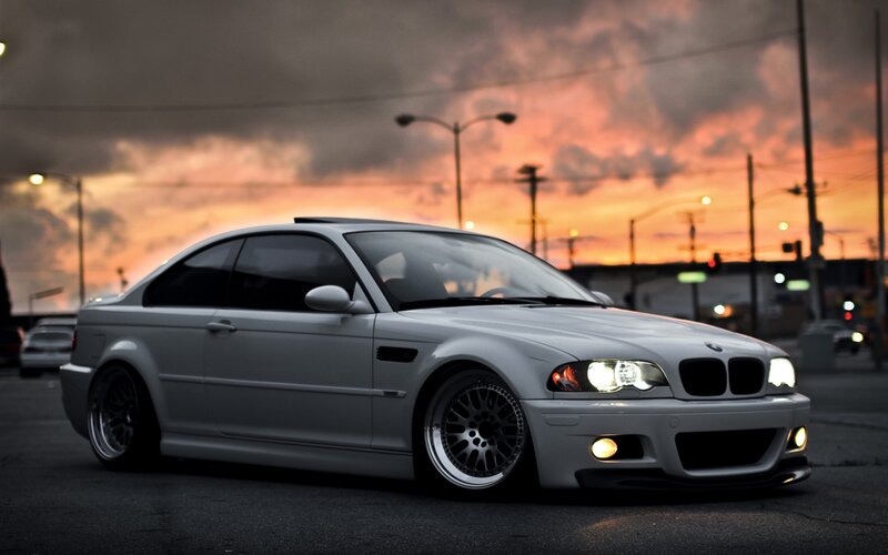 White BMW Coupe — Gray, Dramatic, Sunset, Photograph, Car, Streetlights