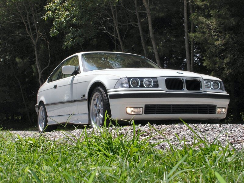 white bmw coupe in forest
