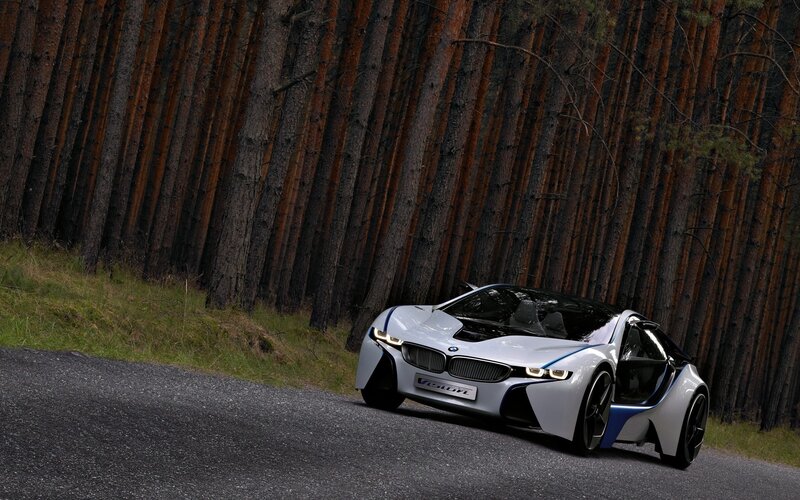 White BMW I8 Concept Car — Dramatic, Photograph, Road, Forest, Black