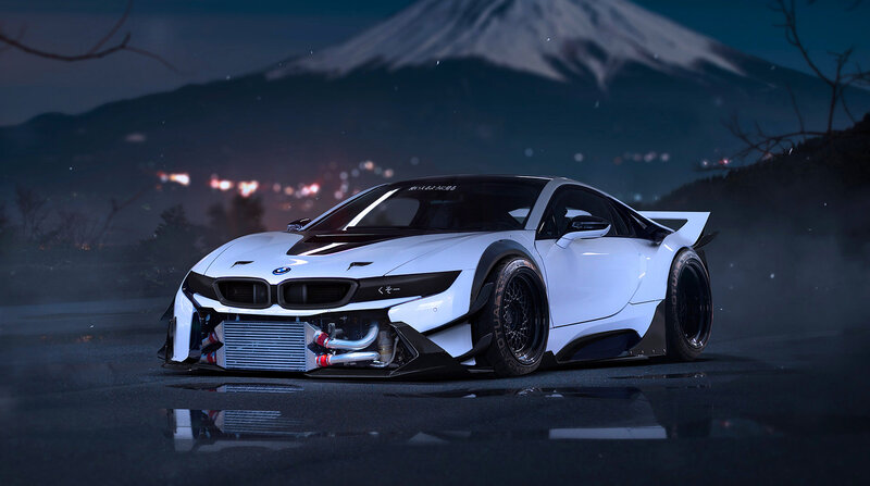 White BMW i8 with Mount Fuji