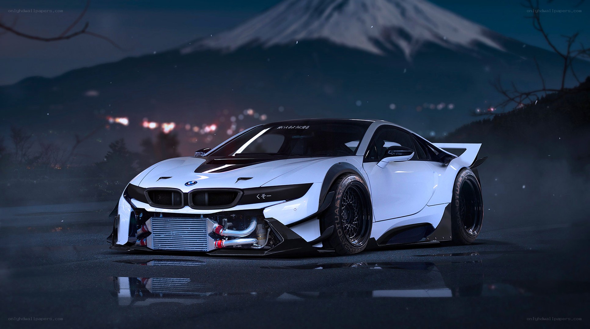 White BMW i8 with Mount Fuji