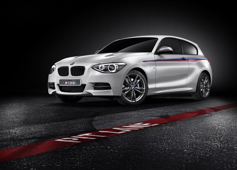 White BMW M135i on pit lane