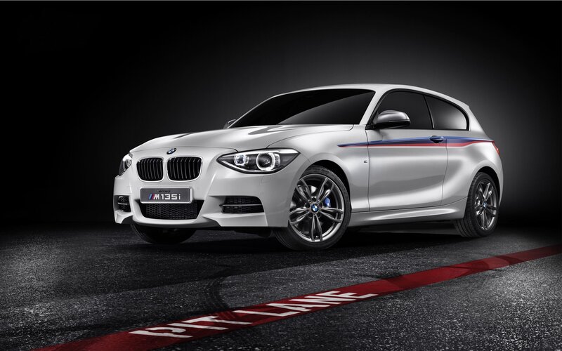 White BMW M135i on pit lane