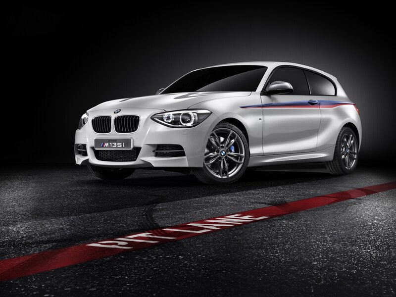 White BMW M135i on pit lane