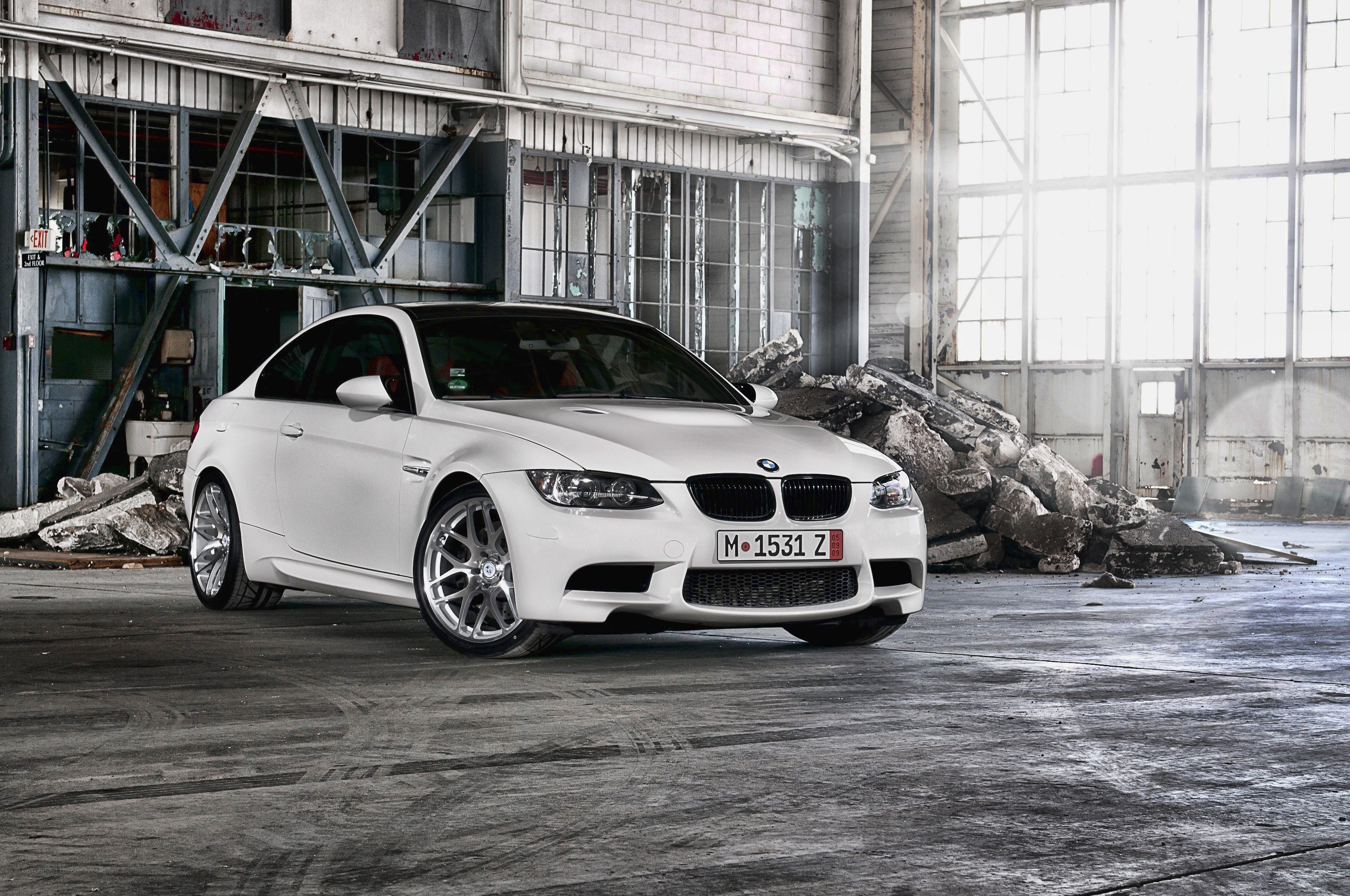 White BMW M3 in warehouse