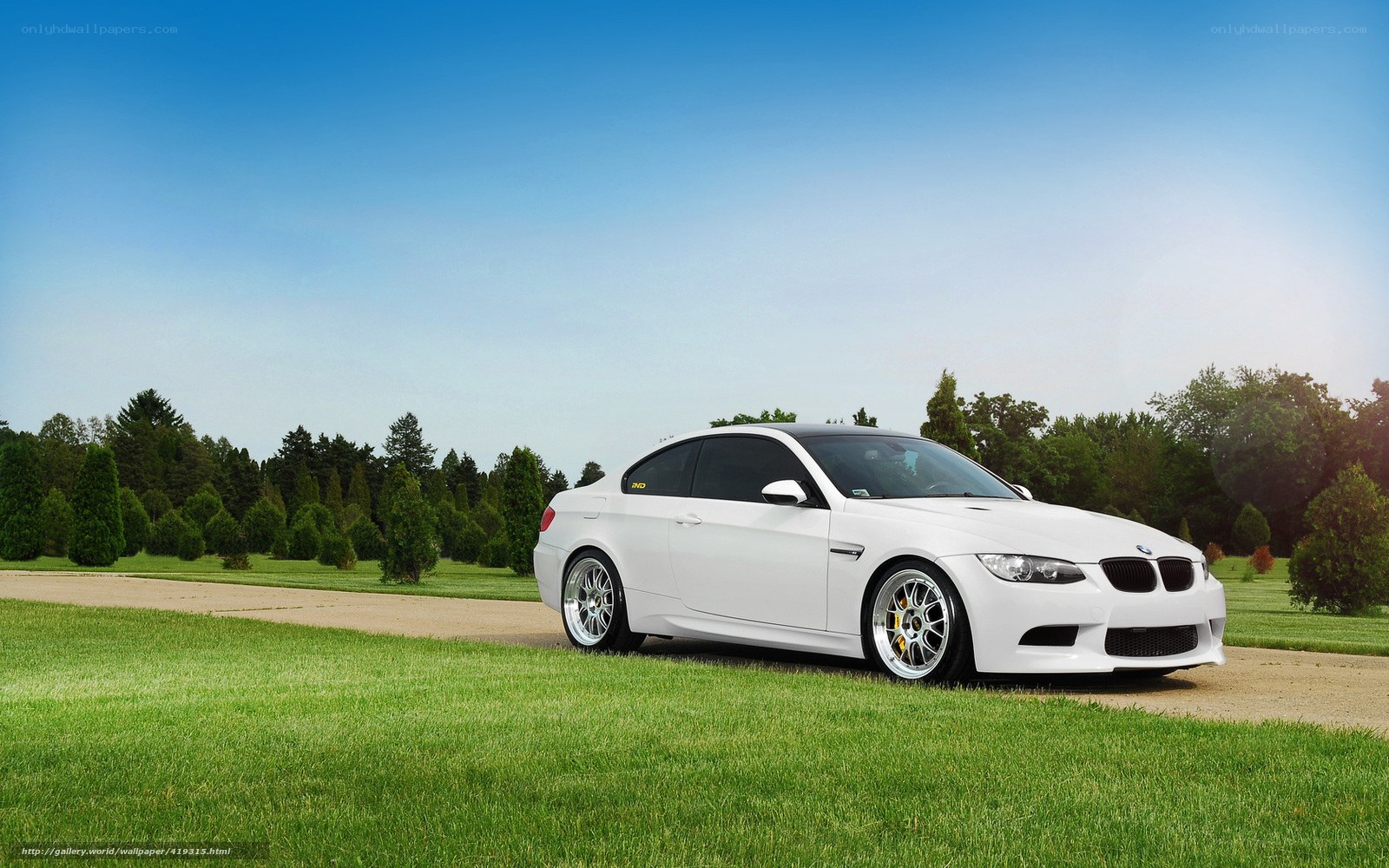 White BMW M3 on a grassy field
