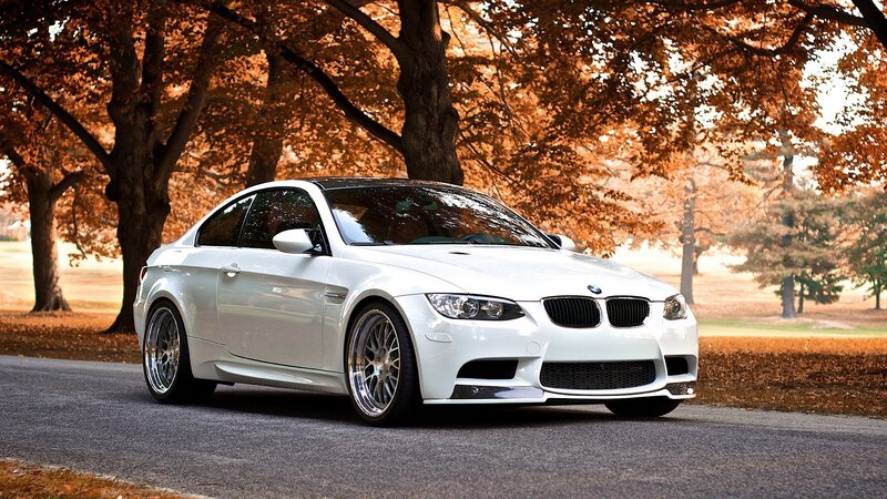 white bmw m3 on autumn road
