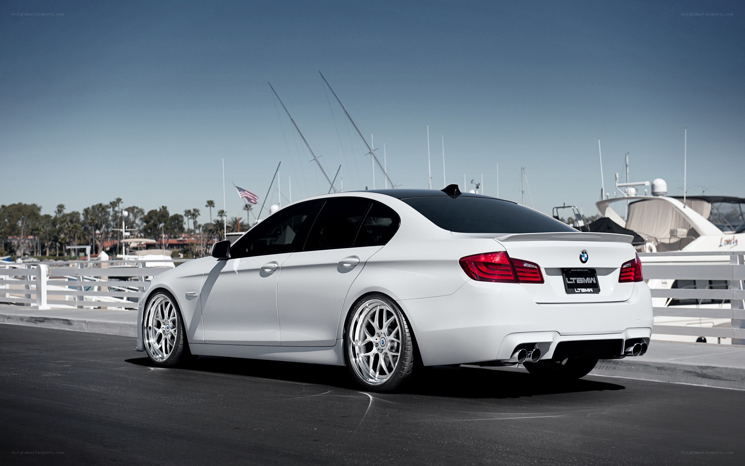 White BMW M5 at marina