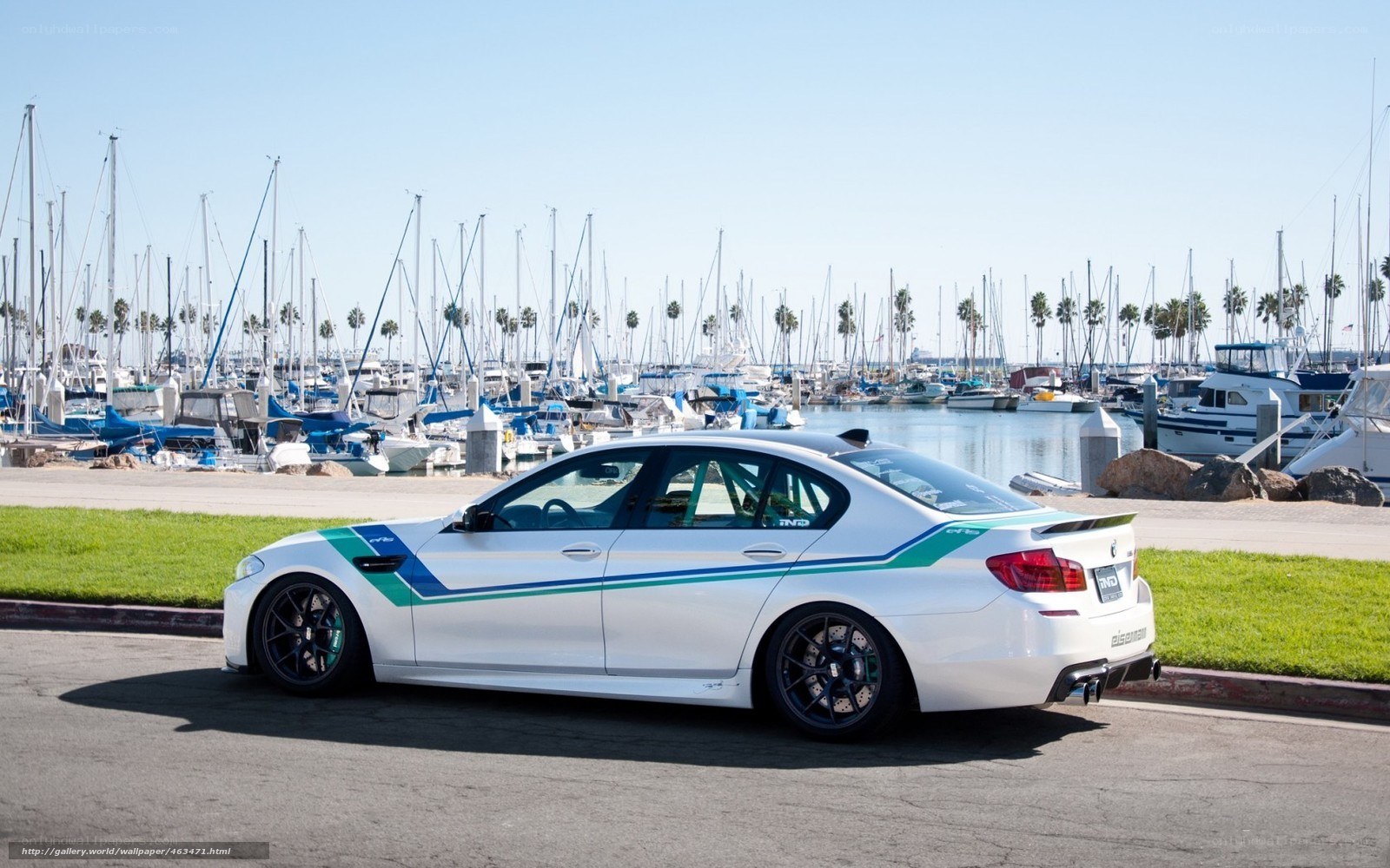 White BMW M5 at marina
