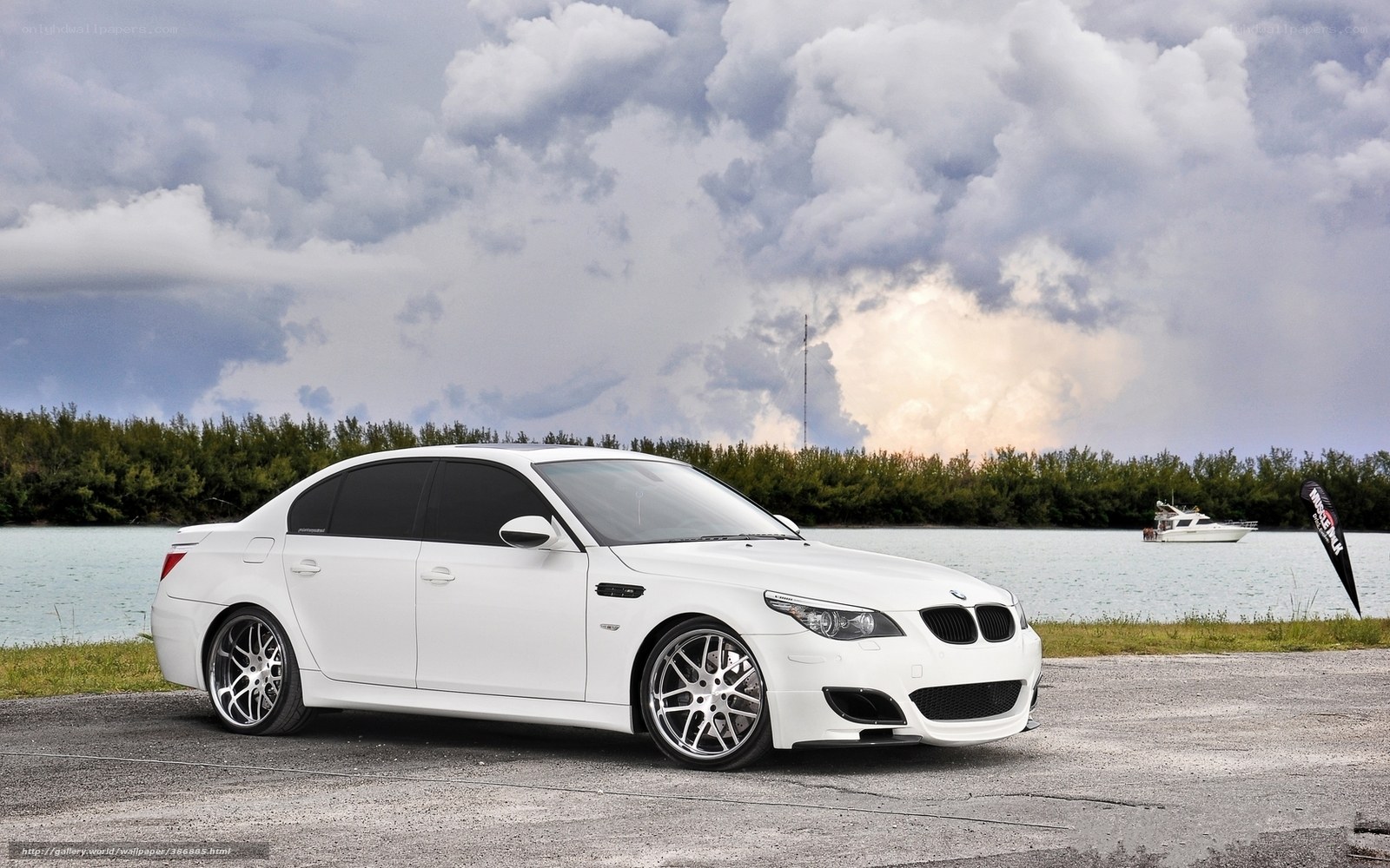 White BMW M5 by the water