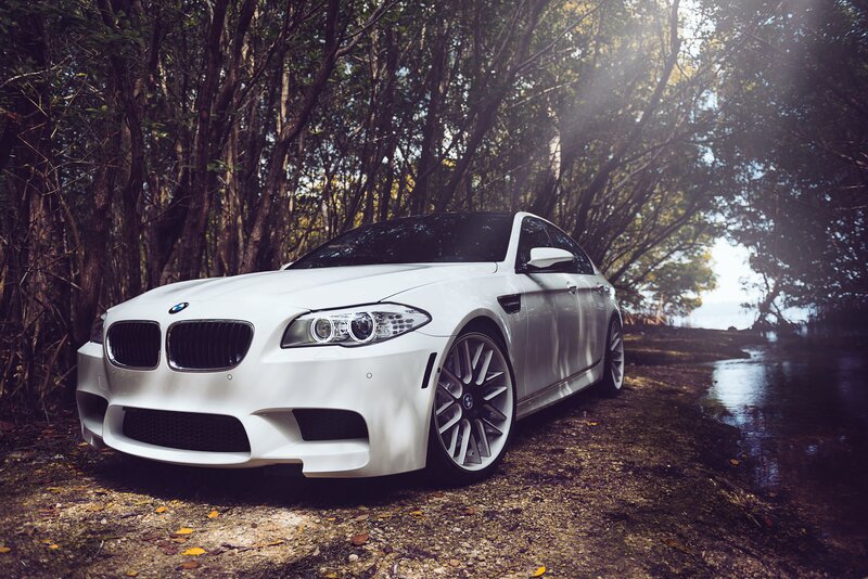 White BMW M5 Car — Dramatic, Afternoon