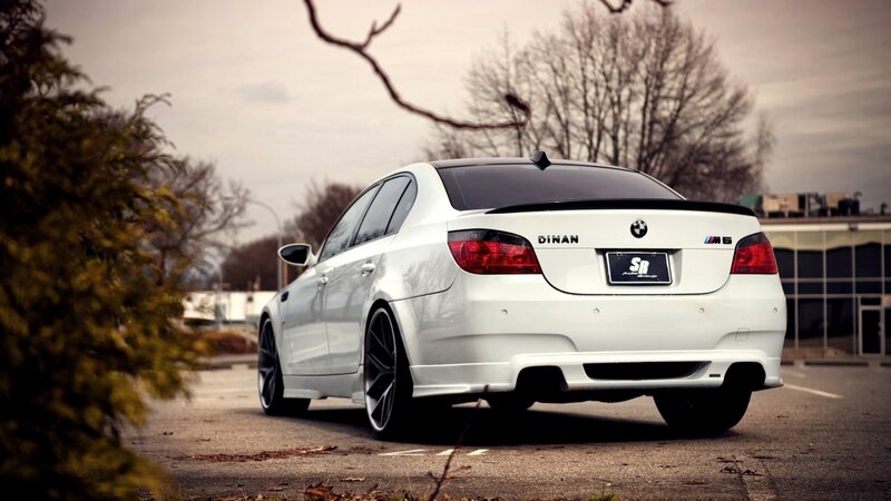 white bmw m5 from rear
