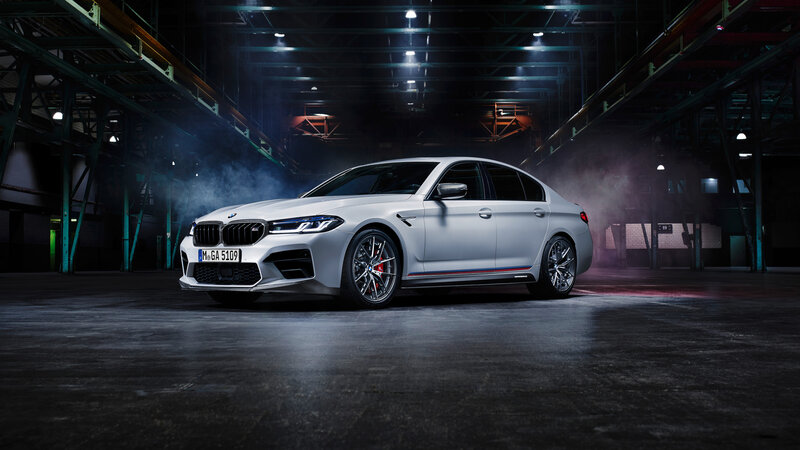White BMW M5 Sedan — Dramatic, Night, Photograph