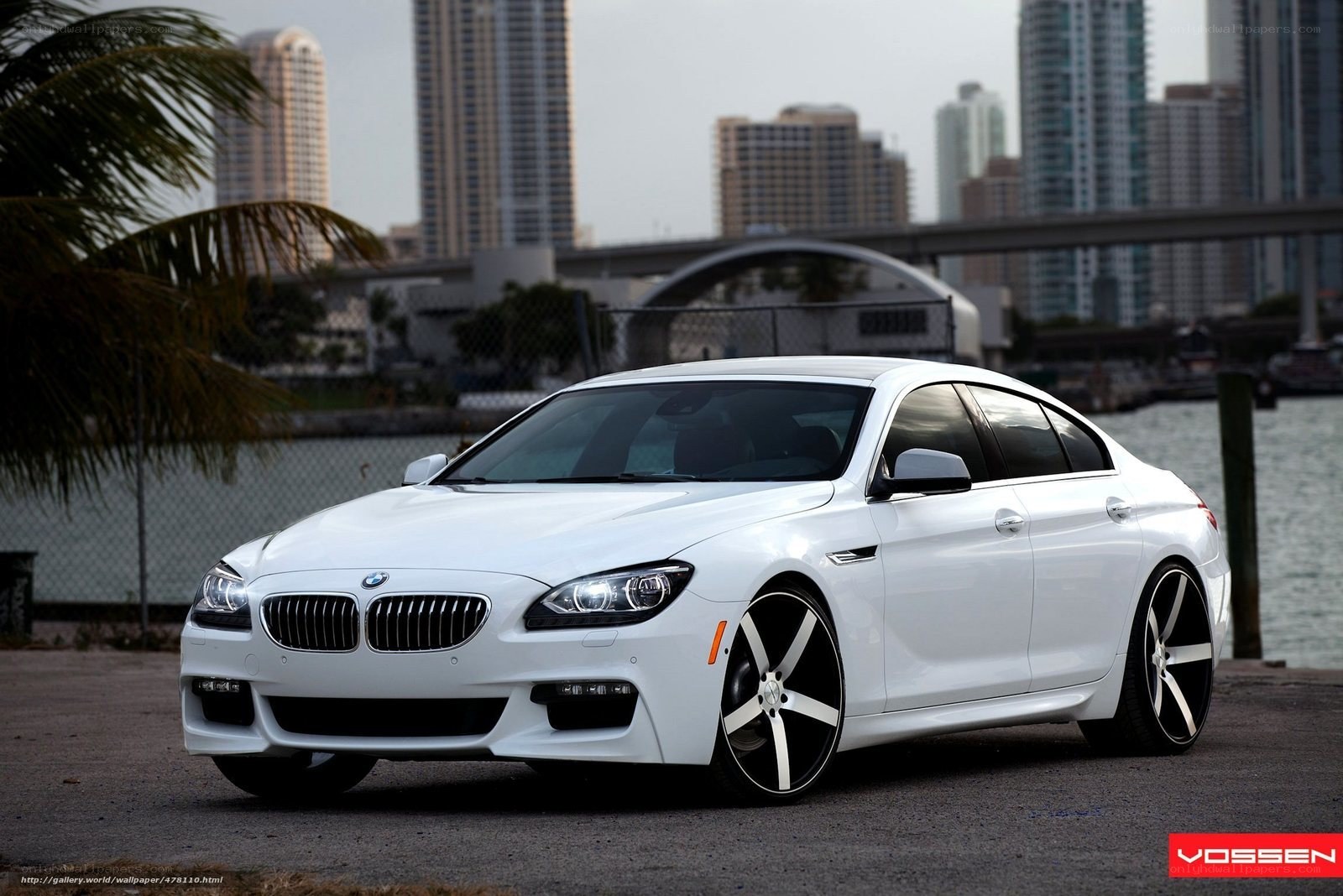 White BMW M6 on city waterfront