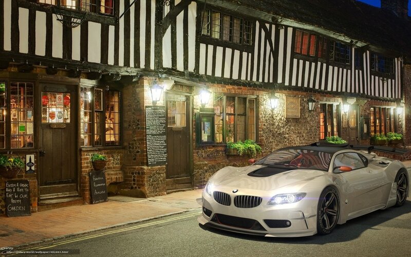 White BMW on a village street