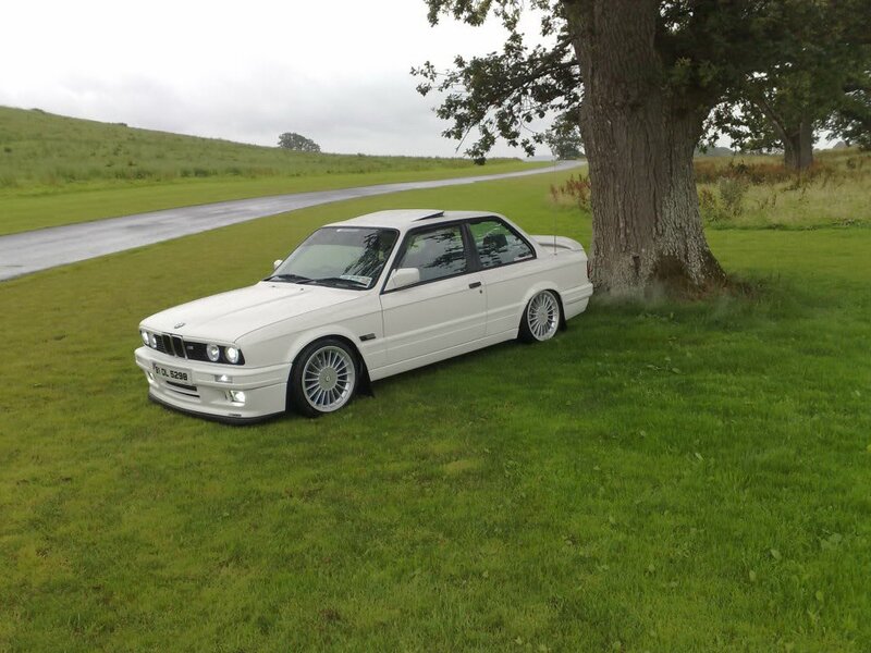 White BMW parked by a tree