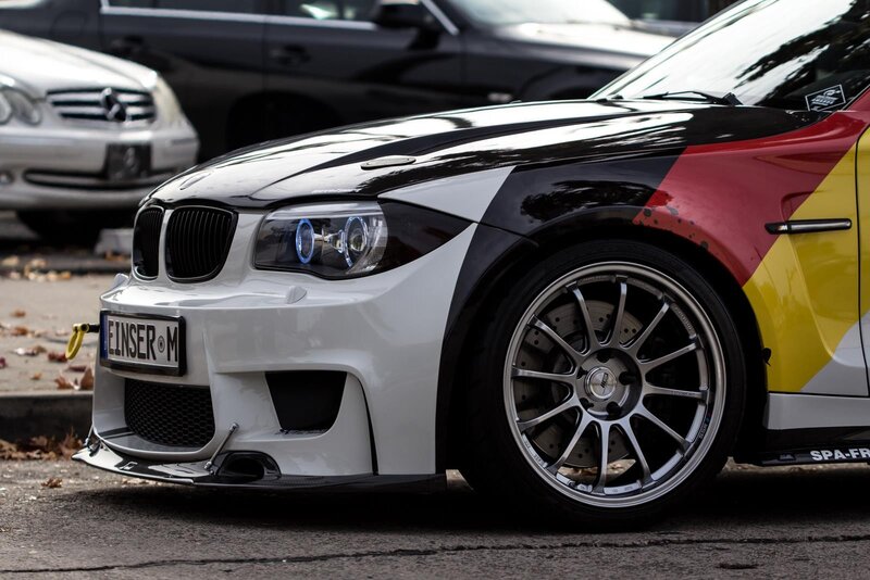 White BMW Race Car — Dynamic, Autumn