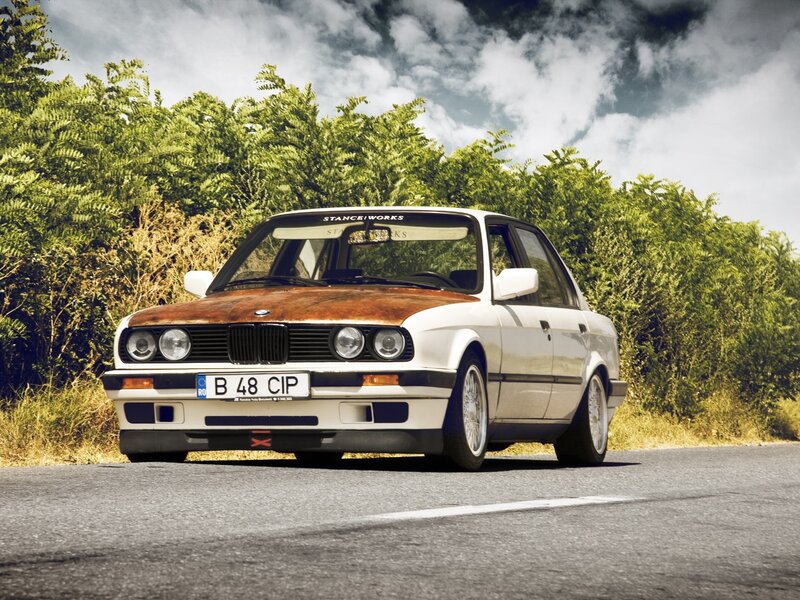 White Bmw Sedan — Dramatic, Afternoon, Photograph, Car, Road