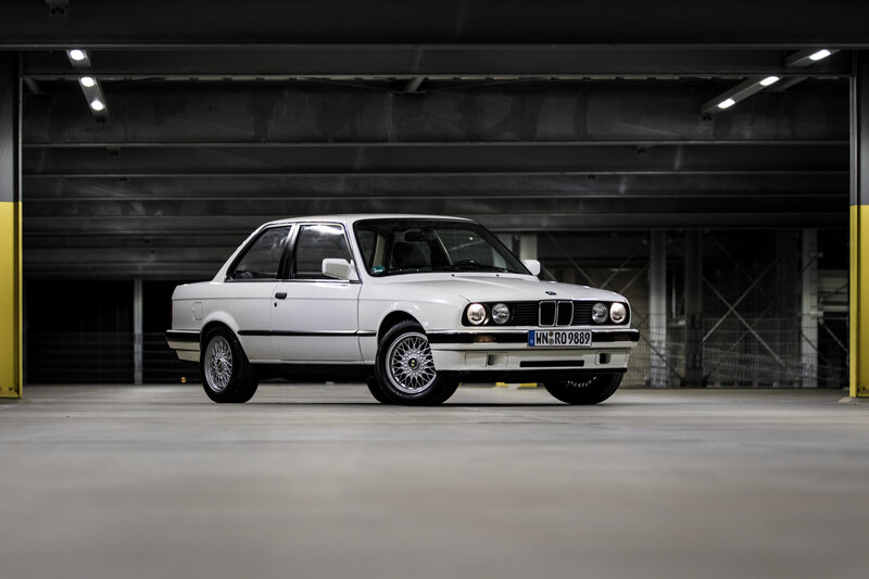 White BMW Sedan — Dramatic, Photograph, Car, Garage