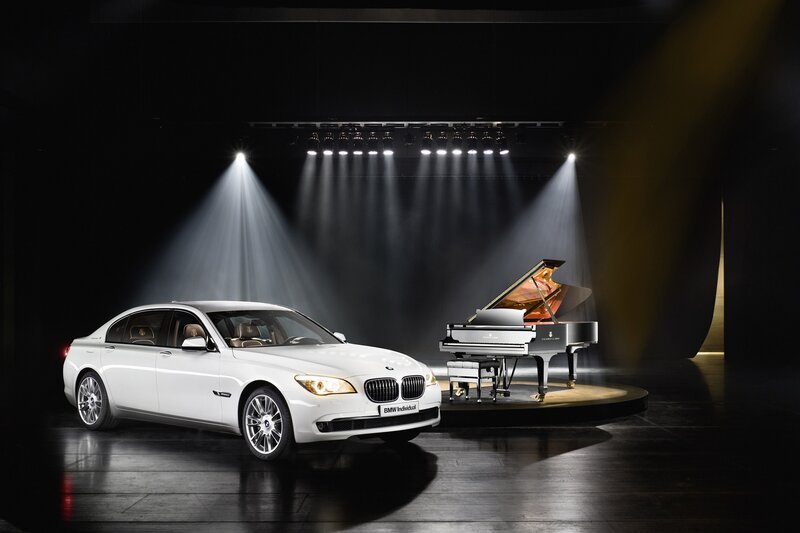 White BMW Sedan — Dramatic, Photograph, Grand Piano