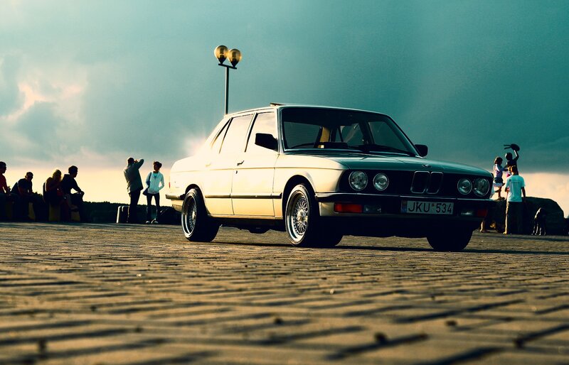 White Bmw Sedan — Dramatic, Sunset, Photograph, People