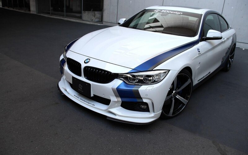 White BMW with blue stripes
