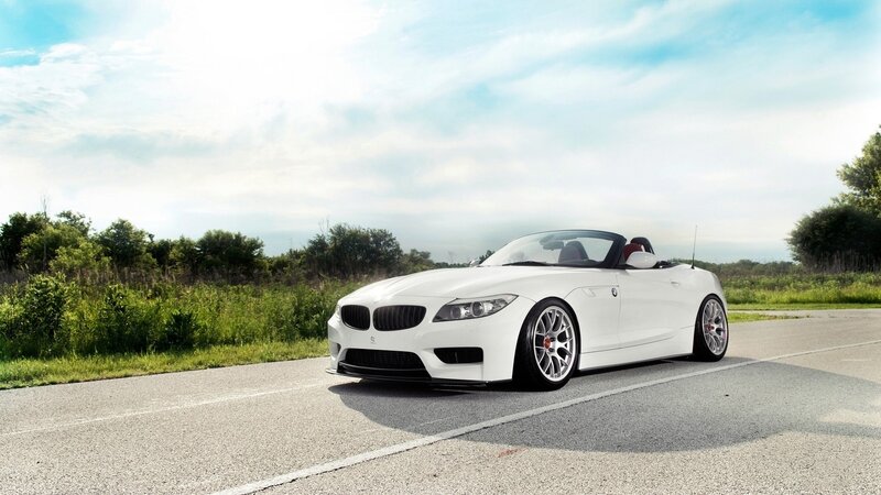 White BMW Z4 convertible on road