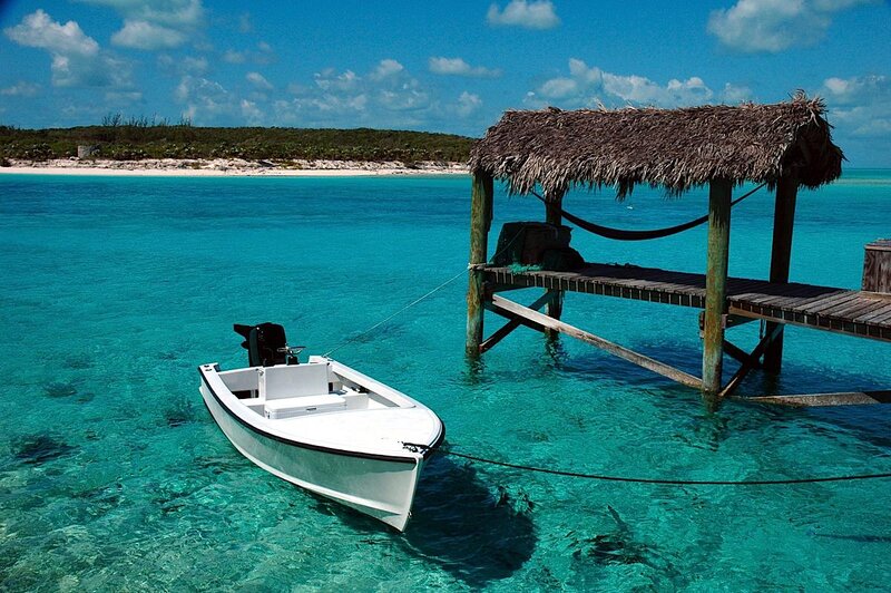White Boat at Dock — Blue, Serene