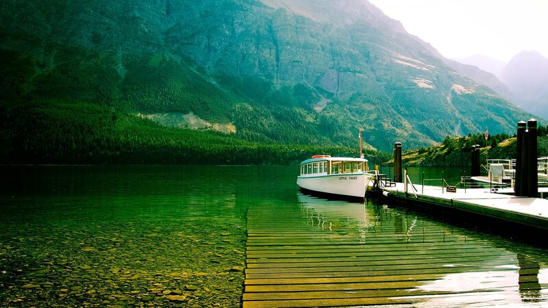 White Boat at Dock — Green, Serene, Afternoon