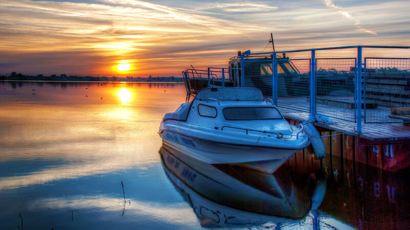 White Boat at Dock — Orange