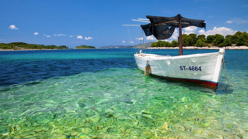 White Boat in Clear Water — Blue, Serene