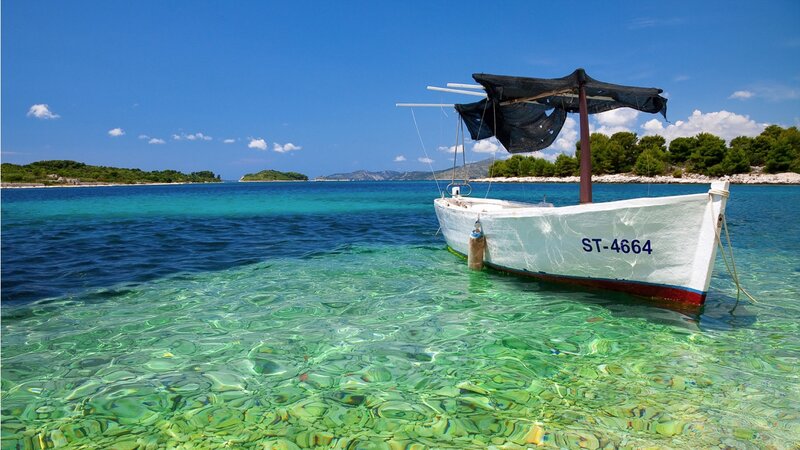 White Boat in Clear Water — Blue
