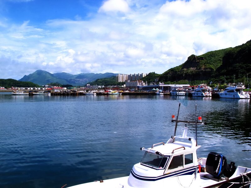White Boat in Harbor — Blue, Serene, Afternoon