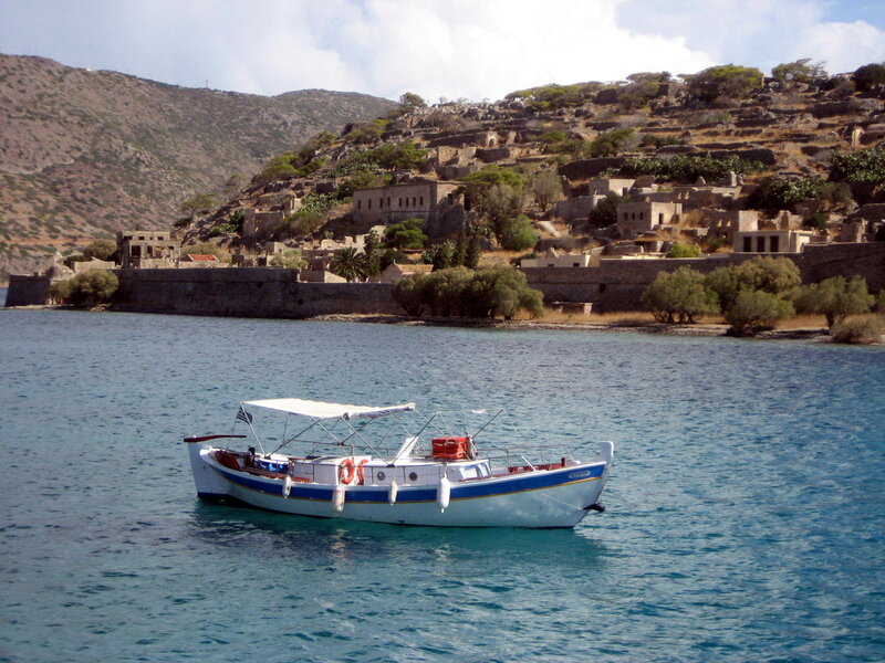 White Boat in Harbor — Blue
